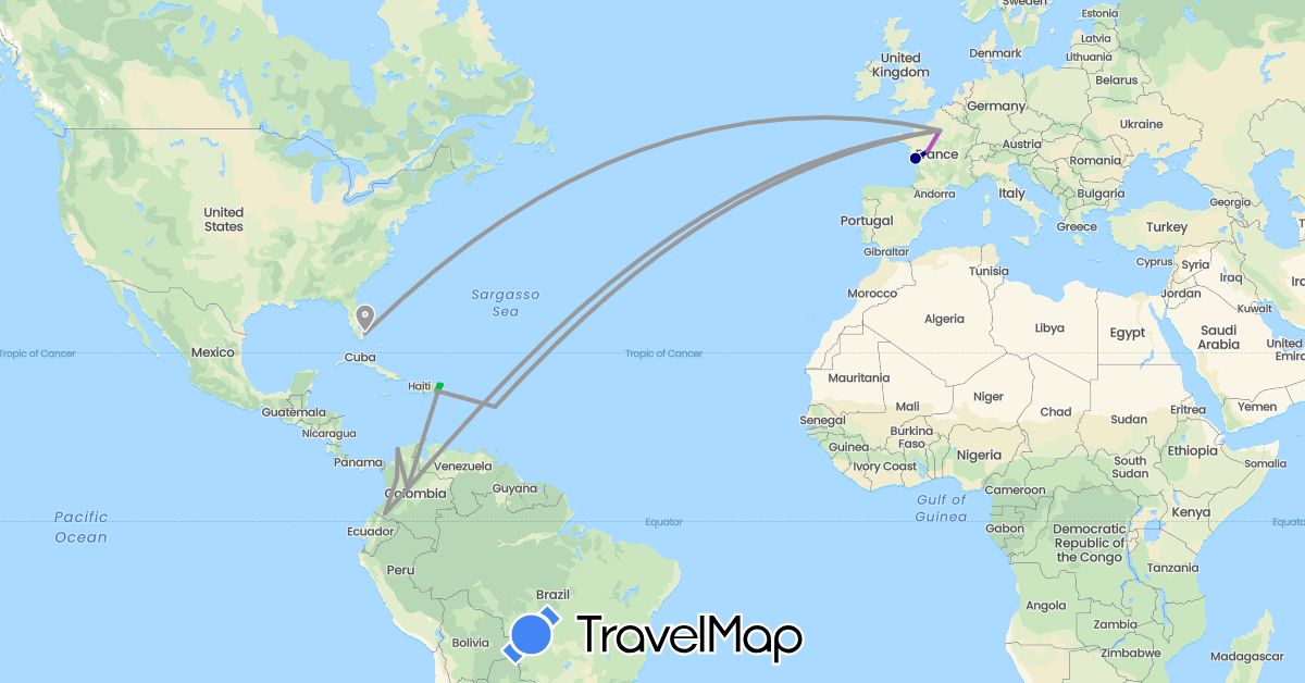 TravelMap itinerary: driving, bus, plane, train in Colombia, Dominican Republic, France, Guadeloupe, United States (Europe, North America, South America)